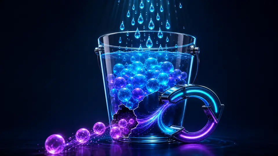 Neon glass bucket losing customer orbs while a retention loop seals the leak
