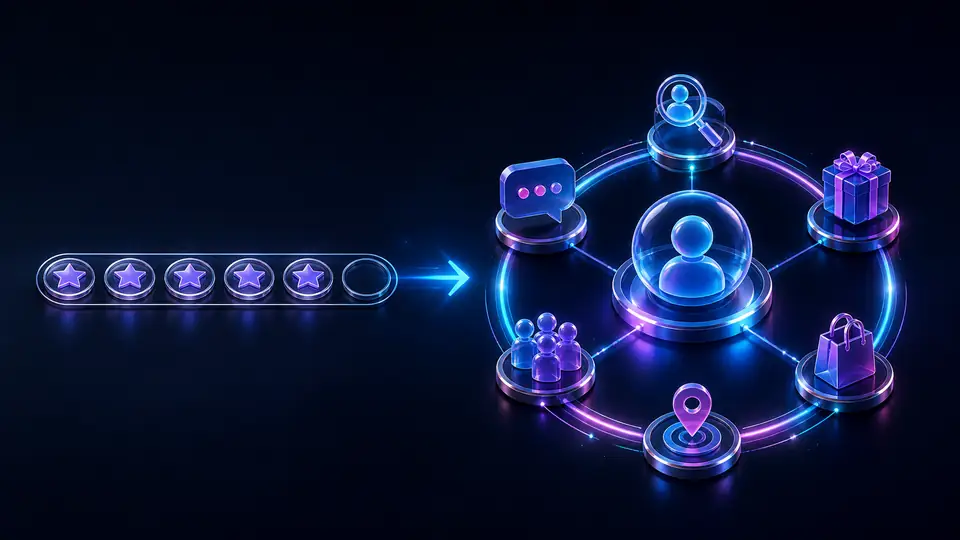 Neon row of digital stamps expanding into a connected customer-retention system