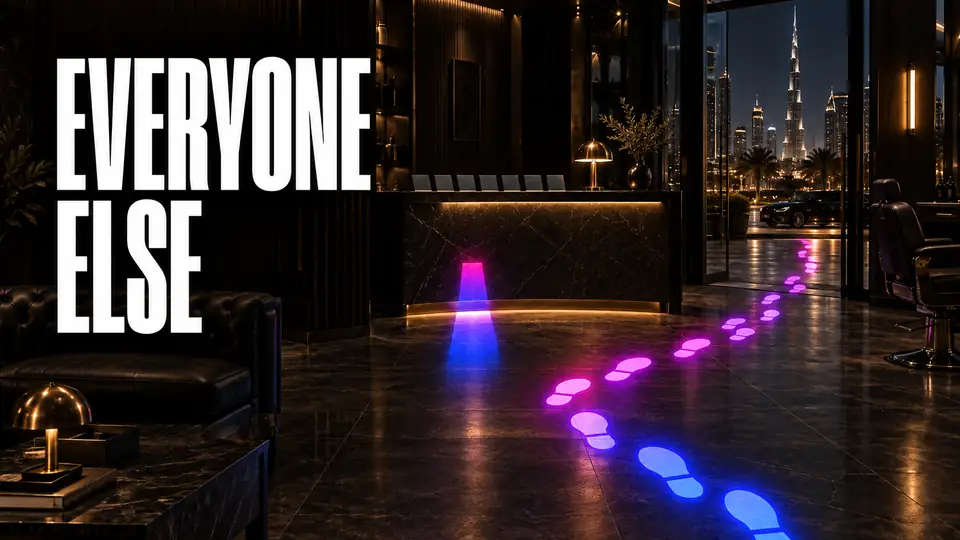 Two lanes of light in a Dubai barbershop at night: a short one to the members' counter, and footsteps coming in from the street for everyone else