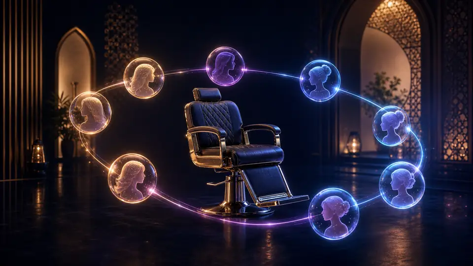 Neon conceptual illustration of a Riyadh salon turning first visits into a loyal client base