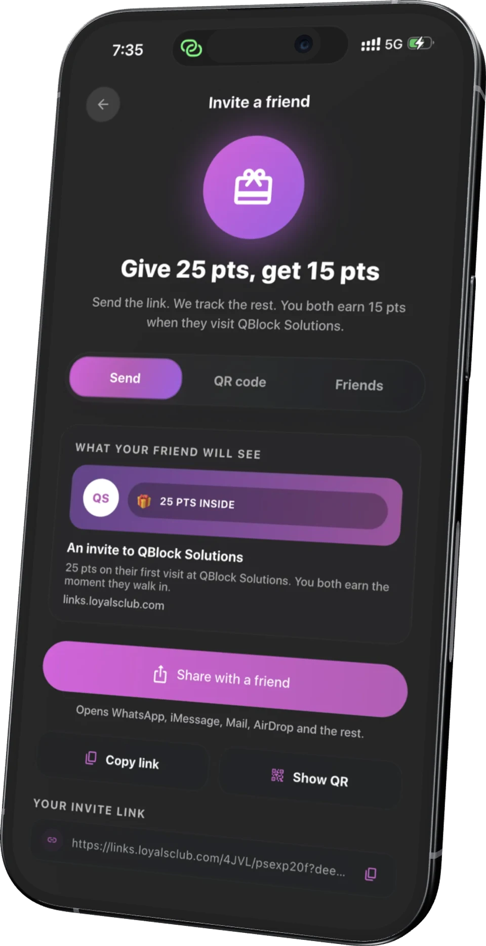 LoyalsClub customer app refer-a-friend screen where the customer and their friend both earn points