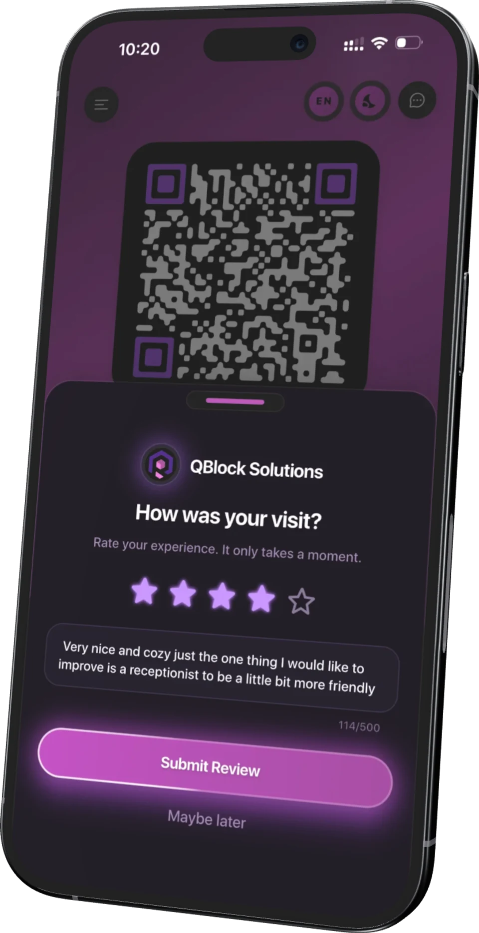 LoyalsClub customer app asking how the visit was, with a private star rating and a written comment before submitting