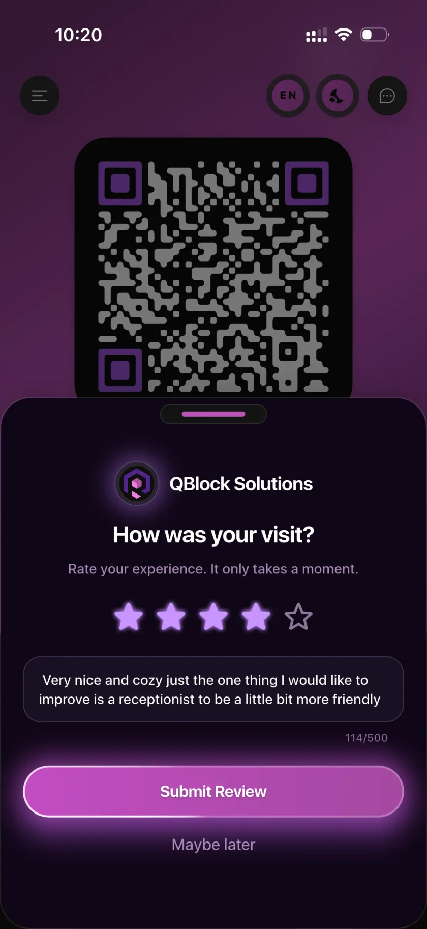 LoyalsClub customer app asking how the visit was, with a private star rating and a written comment before submitting