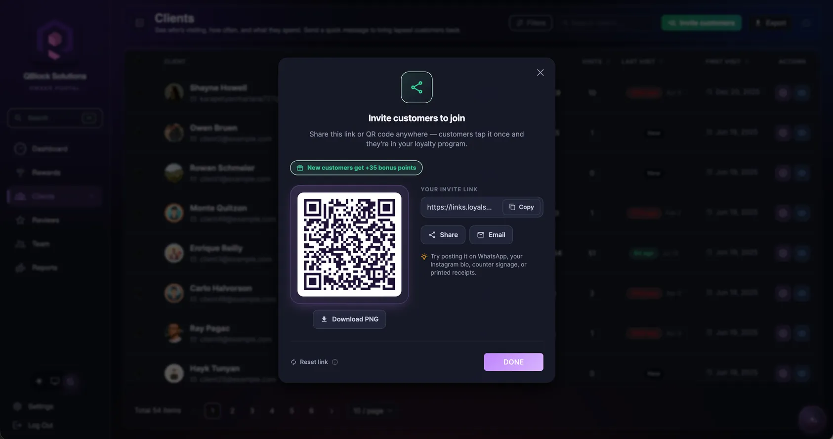 LoyalsClub owner portal invite screen with a shareable QR code and link, and a welcome bonus for new customers