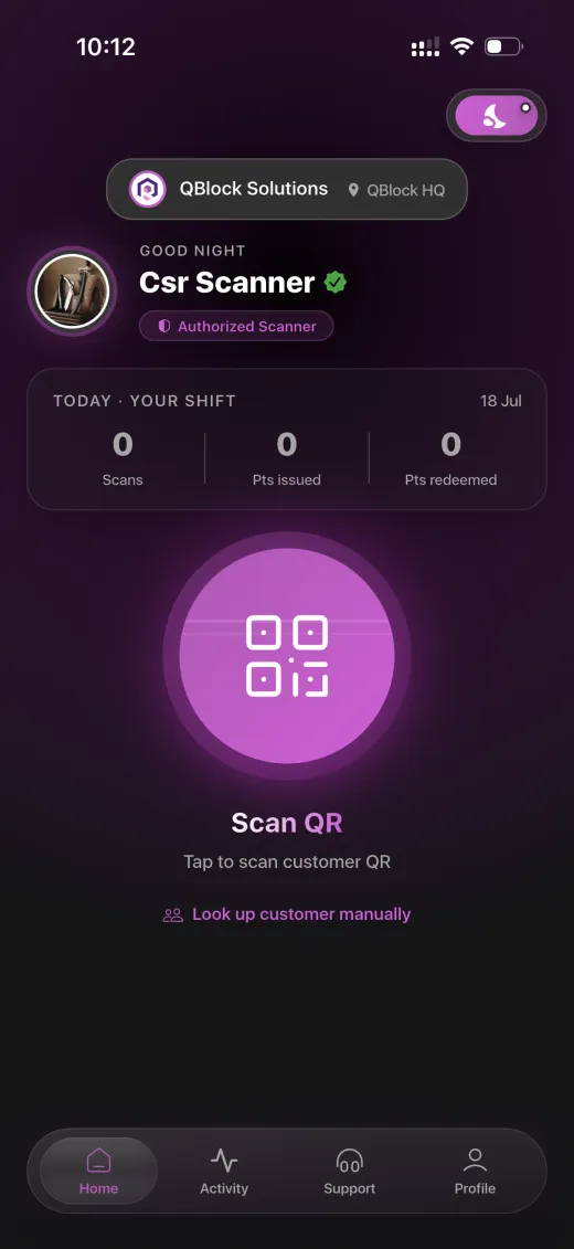 The LoyalsClub staff scanner on an iPhone, ready to scan a customer QR code at the counter